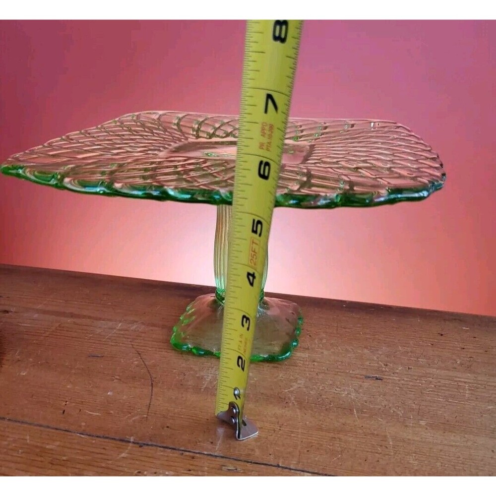 3 LE Smith & Rose Trellis Green Glass Square Pedestal Cake Stands Handmade USA - Picture 9 of 16